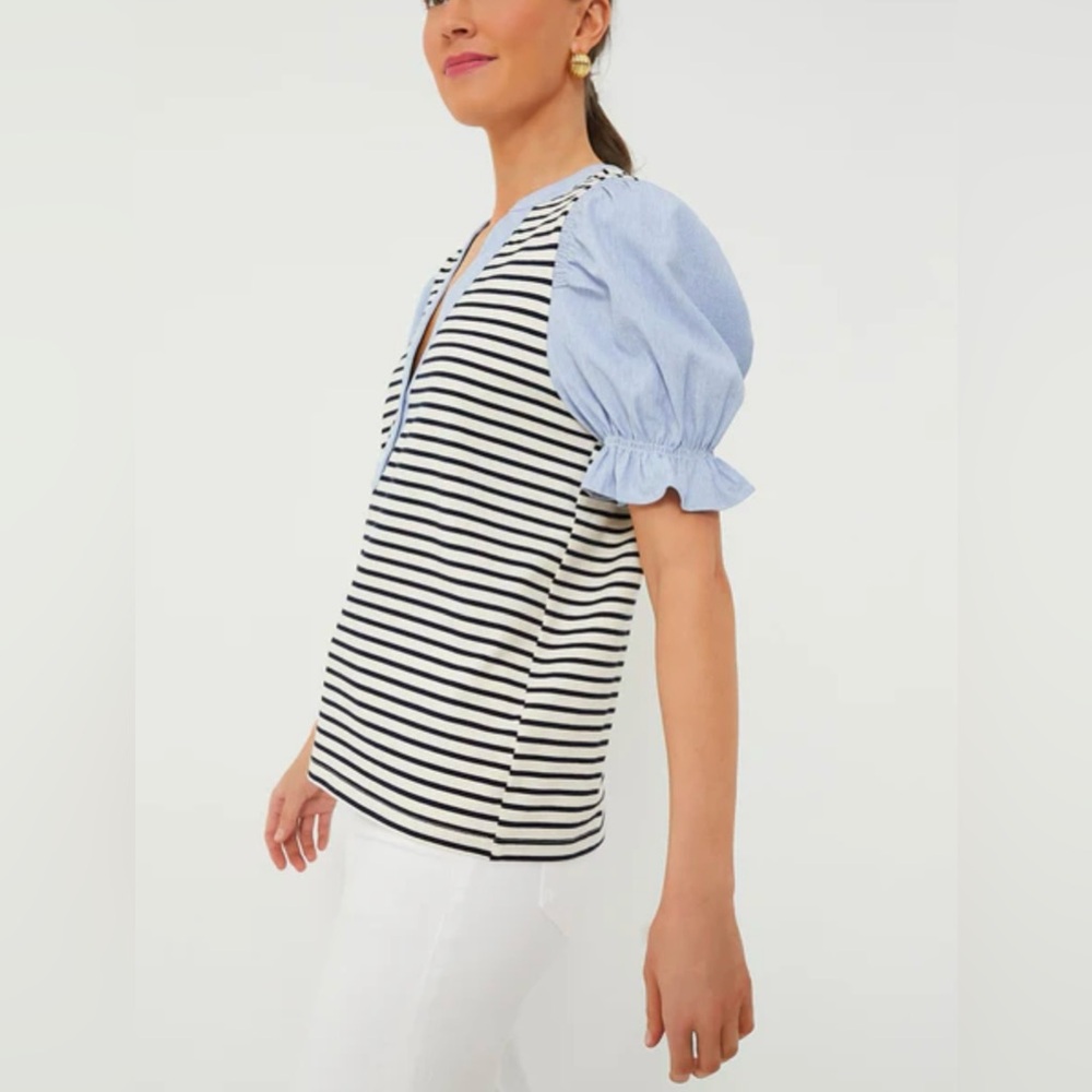 Veronica Beard Women’s Raegan Mixed-Media Top Puffed Ruffle Short Sleeves V-Neck - Picture 9 of 16